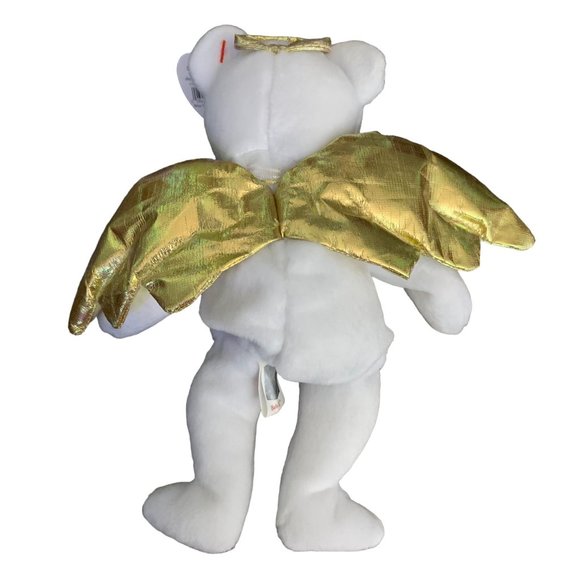 RARE HALO II Angel Bear TY Beanie White Gold Wings Brown Nose PE Pellets 2000 - Picture 4 of 7